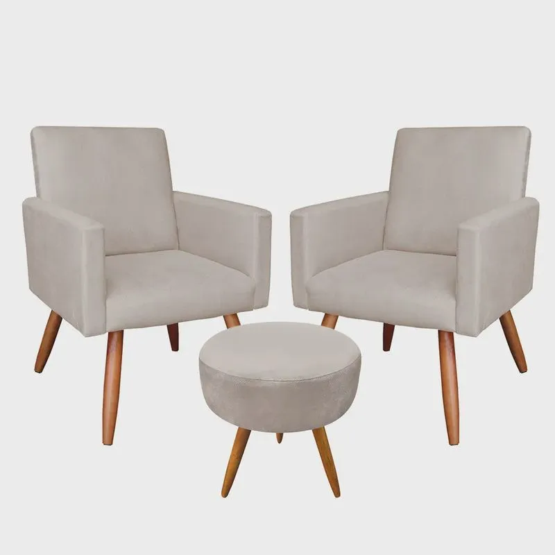 Kit 2 Poltronas e Puff Banqueta Redonda Nina Suede Pés Palito Castanho - Pallazio