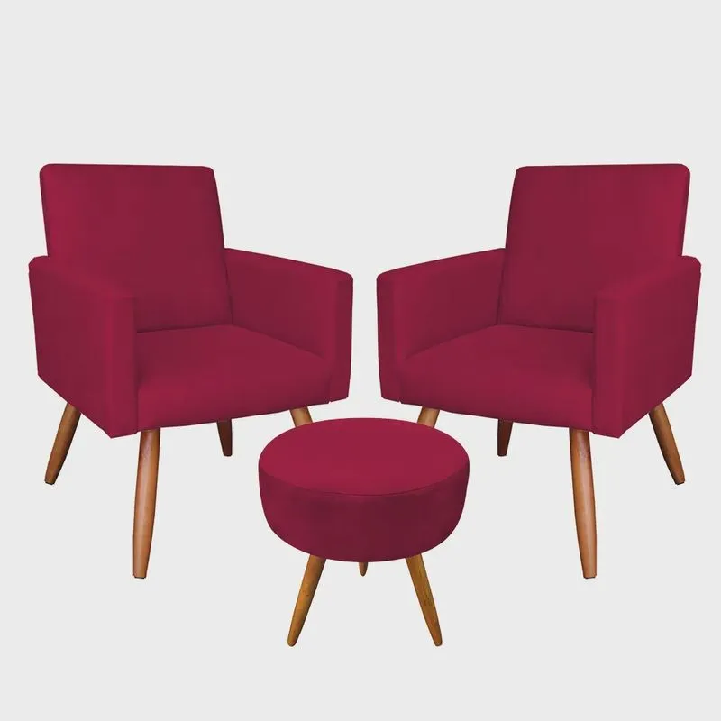 Kit 2 Poltronas e Puff Banqueta Redonda Nina Suede Pés Palito Castanho - Pallazio