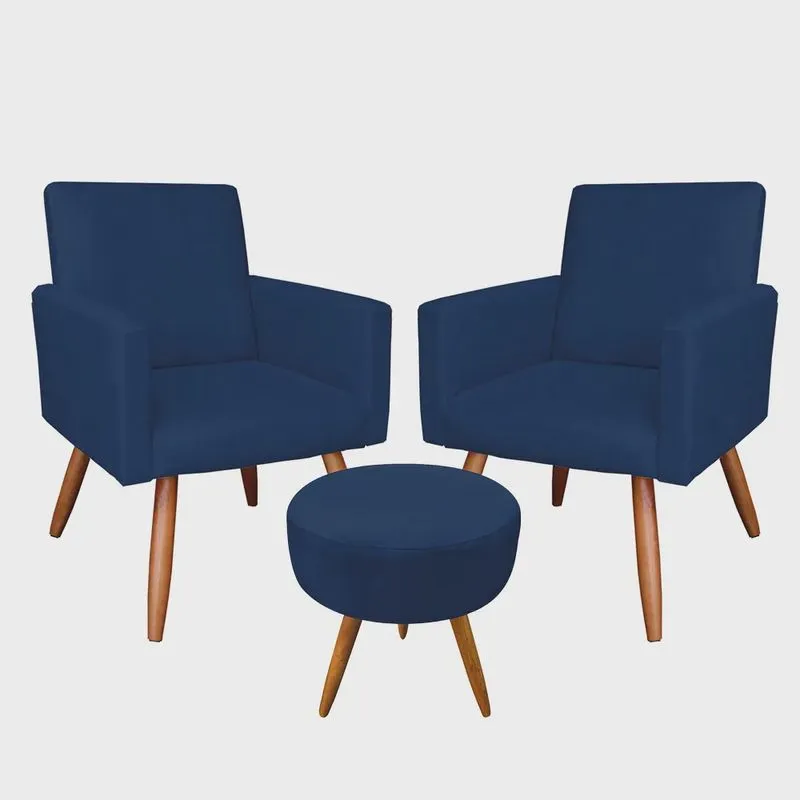 Kit 2 Poltronas e Puff Banqueta Redonda Nina Suede Pés Palito Castanho - Pallazio