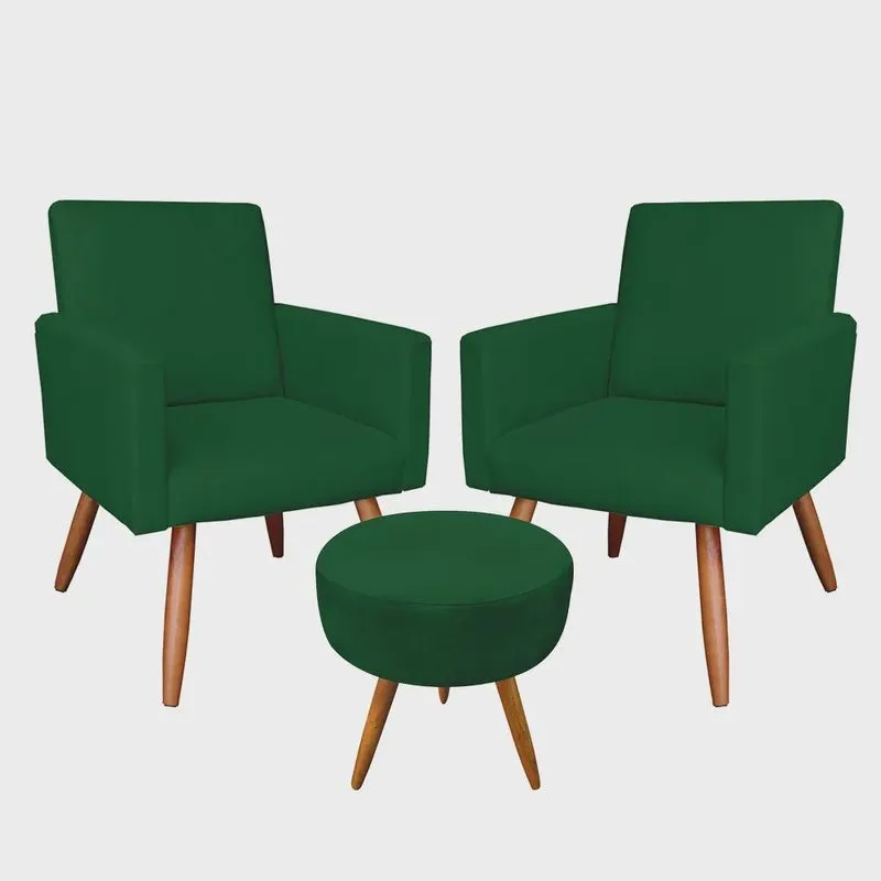 Kit 2 Poltronas e Puff Banqueta Redonda Nina Suede Pés Palito Castanho - Pallazio