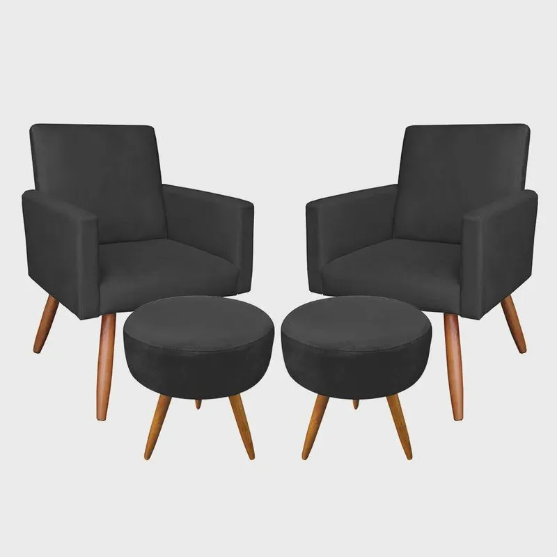 Kit 2 Poltronas e 2 Puffs Banqueta Redonda Nina Suede Preto Pés Palito Castanho - Pallazio