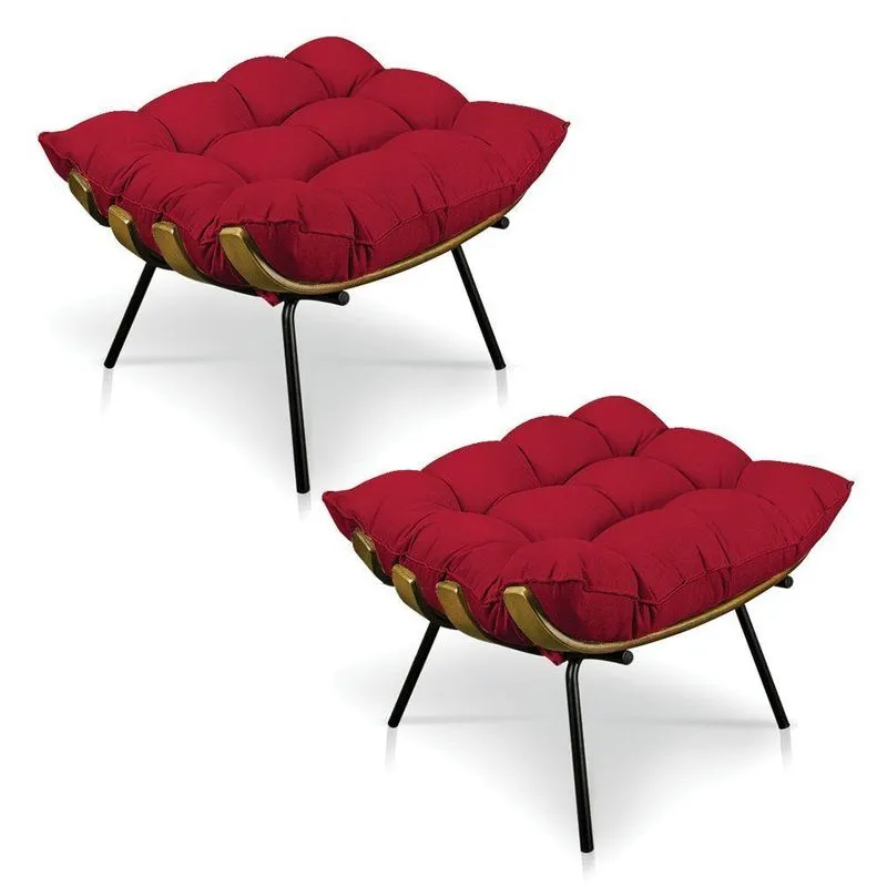 Kit 2 Puffs Costela Suede Base Metálica Pallazio Vermelho