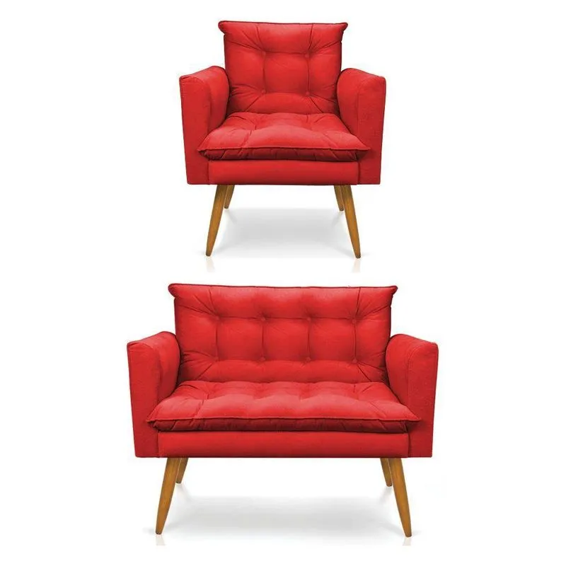 Kit Poltrona E Namoradeira 2 Lugares Olivia Suede Vermelho