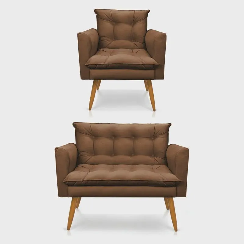 Kit Poltrona e Namoradeira 2 Lugares Olivia Suede Pés Palito Castanho - Pallazio