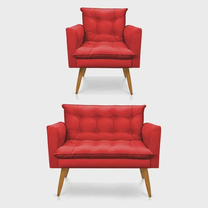 Kit Poltrona e Namoradeira 2 Lugares Olivia Suede Pés Palito Castanho - Pallazio
