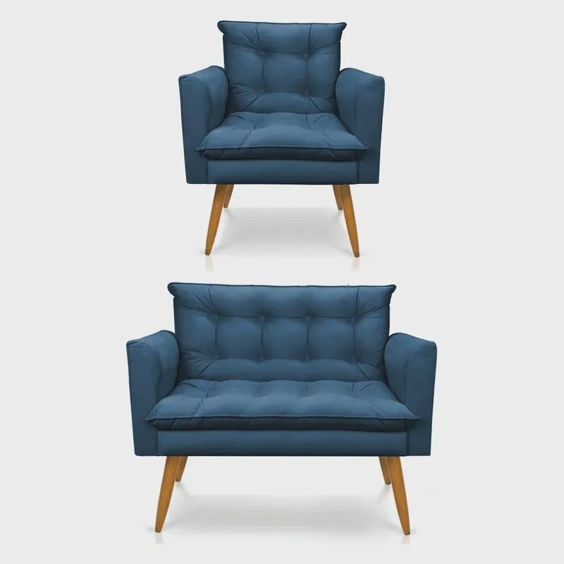 Kit Poltrona e Namoradeira 2 Lugares Olivia Suede Pés Palito Castanho - Pallazio