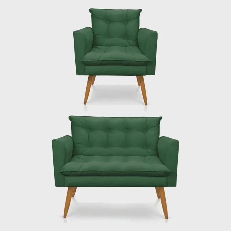 Kit Poltrona e Namoradeira 2 Lugares Olivia Suede Pés Palito Castanho - Pallazio