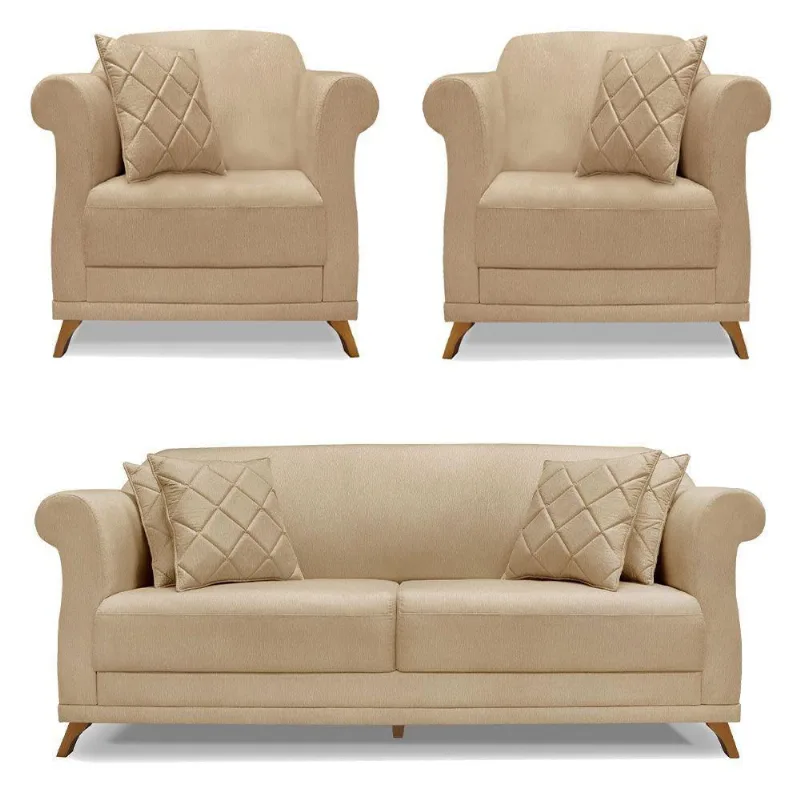 Kit 2 Poltronas E Sofá 2 Lugares 1,60m Pés Castanho Dourado