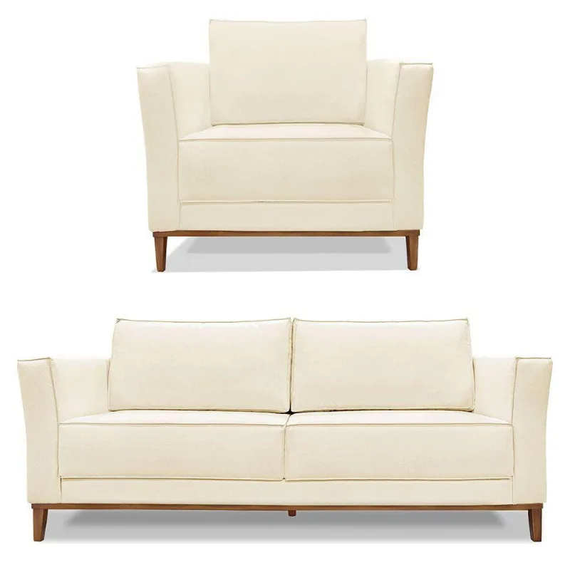 Kit Poltrona E Sofá 2 Lugares 1,90m Pés Castanho Bege
