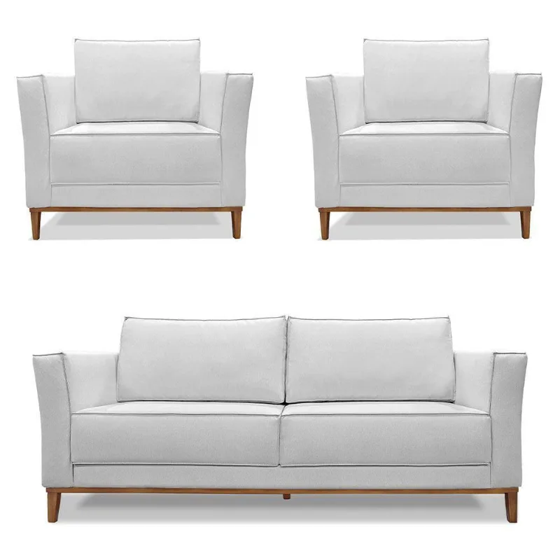 Kit 2 Poltronas E Sofá 2 Lugares 1,70m Cinza Pés Castanho