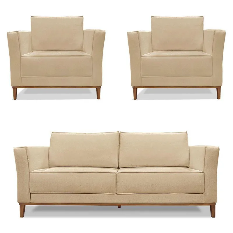 Kit 2 Poltronas E Sofá 2 Lugares 1,70m Dourado Pés Castanho