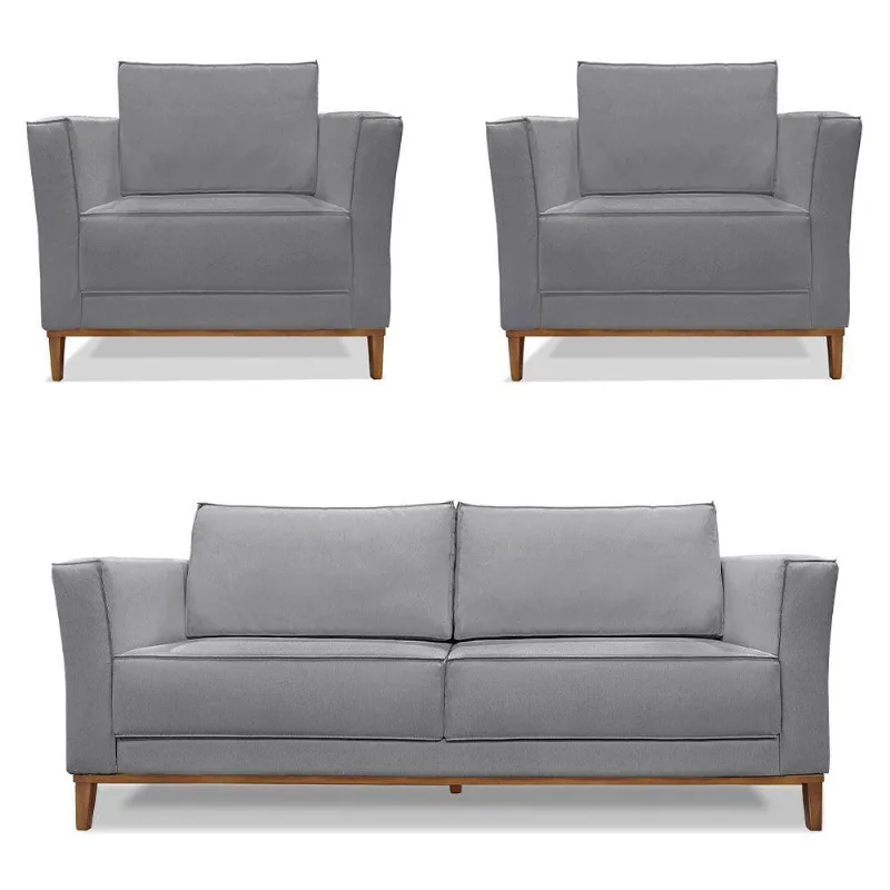 Kit 2 Poltronas e Sofá Living 2 Lugares 1,90m Vega Linho Cas