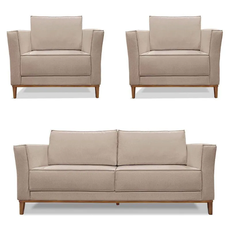 Kit 2 Poltronas e Sofá Living 2 Lugares 1,90m Vega Linho Cas