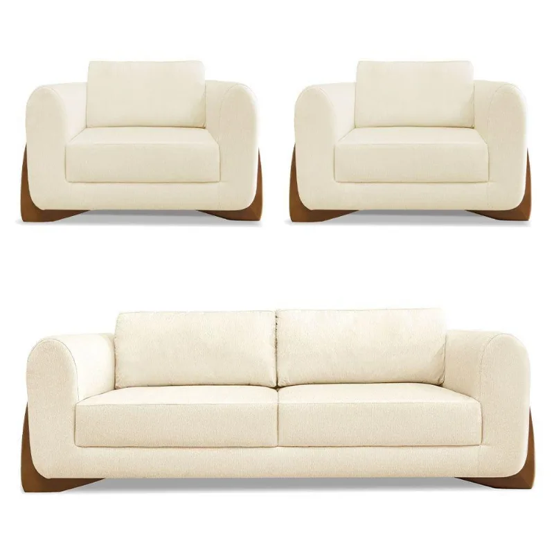 Kit 2 Poltronas E Sofá 2 Lugares Linho Bege Pés Castanho