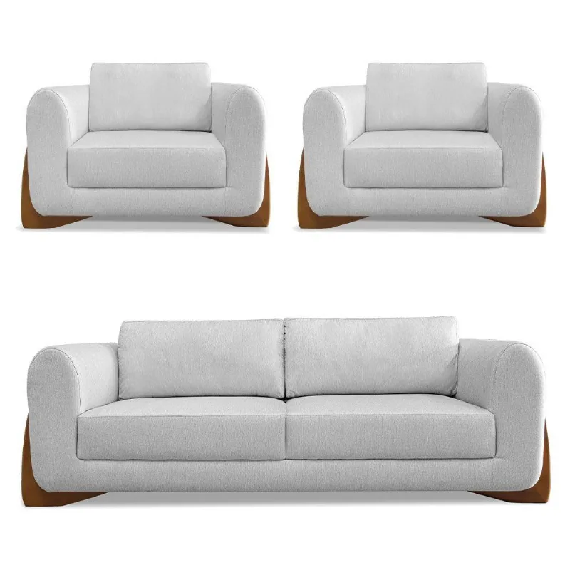 Kit 2 Poltronas E Sofá 2 Lugares Linho Cinza Pés Castanho