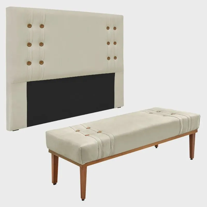 Kit Cabeceira e Calçadeira Recamier Queen 1,60m Gênova Veludo Bege - Pallazio