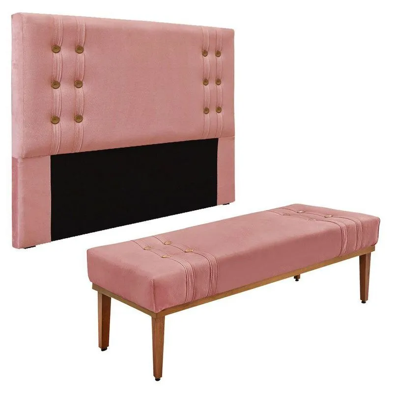 Kit Cabeceira E Calçadeira Recamier King 1,95m Rosa -