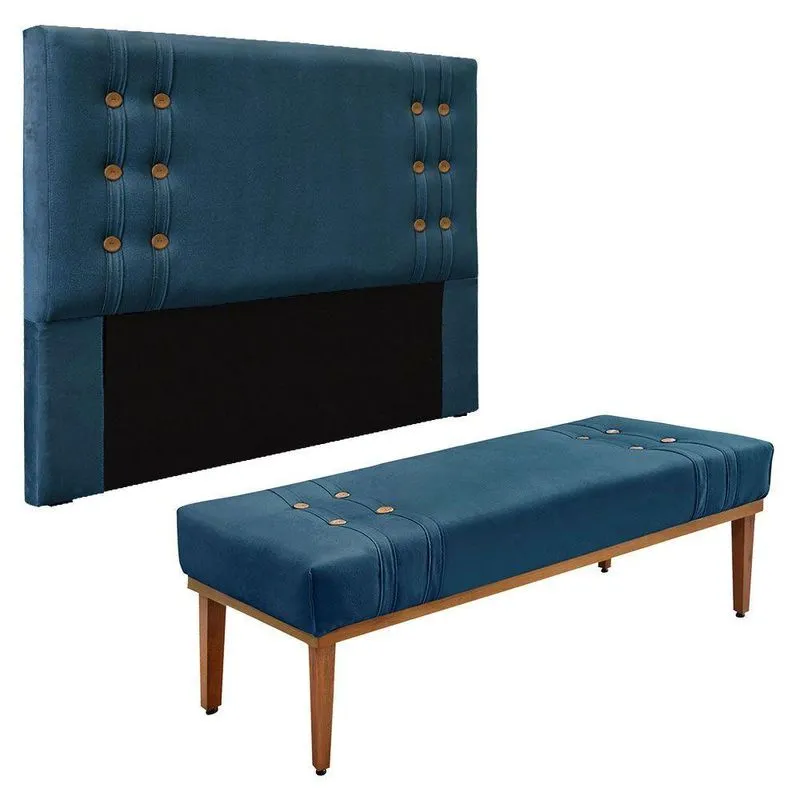 Kit Cabeceira E Calçadeira Recamier King 1,95m Azul Marinho