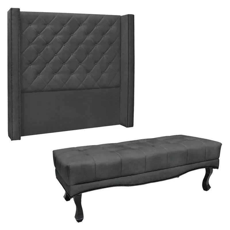 Kit Cabeceira E Calçadeira Recamier Casal 1,40m Suede Cinza