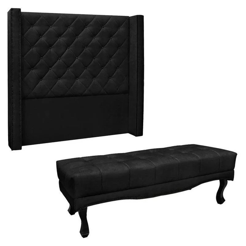 Kit Cabeceira E Calçadeira Recamier King 1,95m Suede Preto