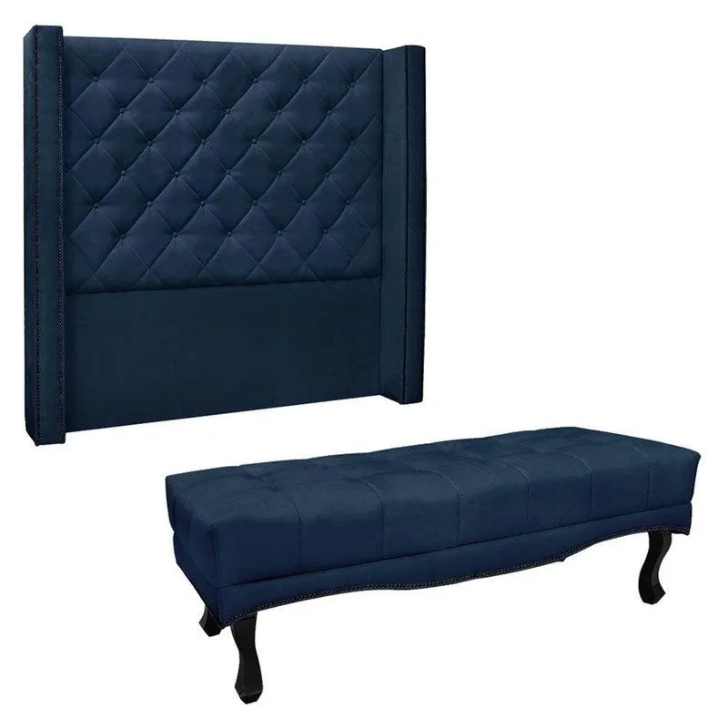 Kit Cabeceira E Calçadeira Recamier King 1,95m Azul Marinho