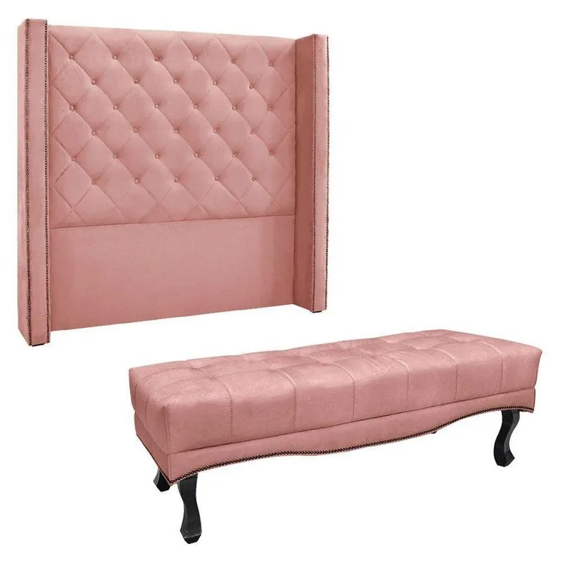 Kit Cabeceira E Calçadeira Casal 1,40m Rosa