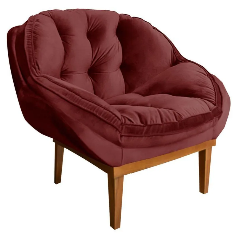 Poltrona Decorativa Veludo Marsala Base Madeira Castanho