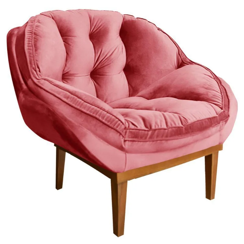 Poltrona Decorativa Veludo Rosa Base Madeira Castanho