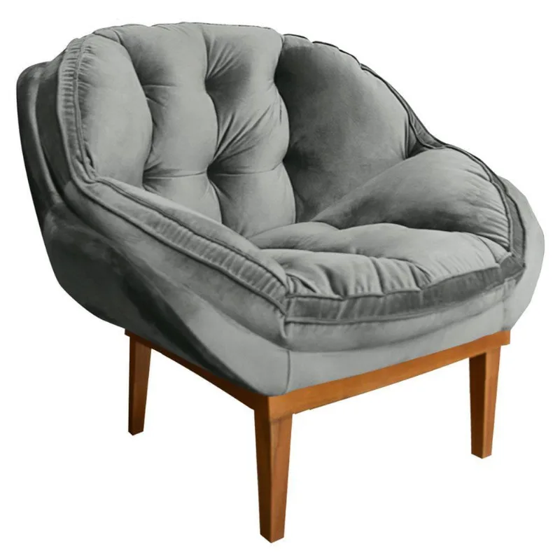 Poltrona Decorativa Veludo Base Madeira Castanho Cinza