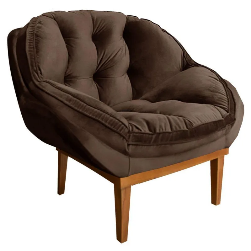 Poltrona Decorativa Veludo Base Madeira Castanho Marrom