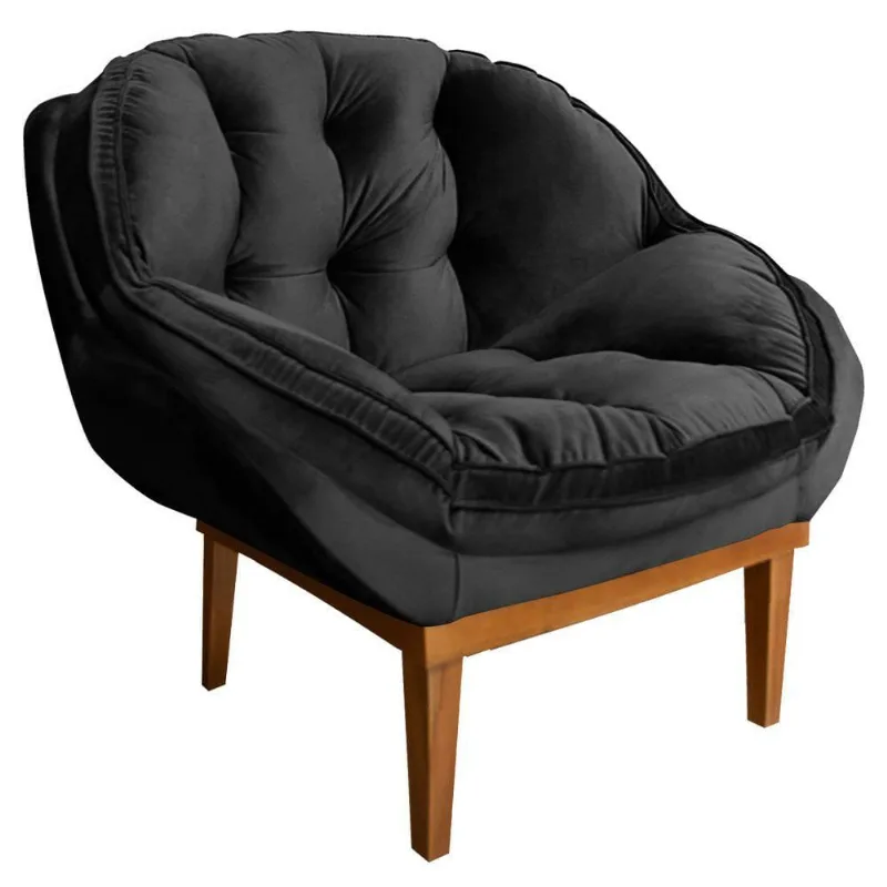 Poltrona Decorativa Veludo Base Madeira Castanho Preto