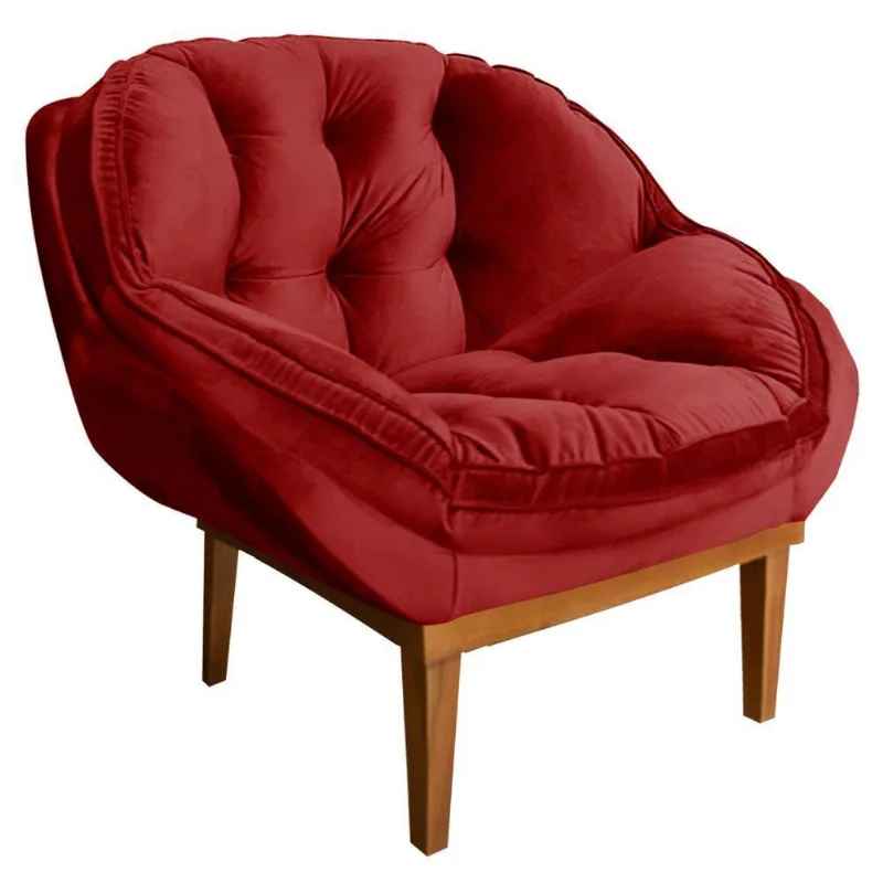Poltrona Decorativa Veludo Vermelho Base Madeira Castanho