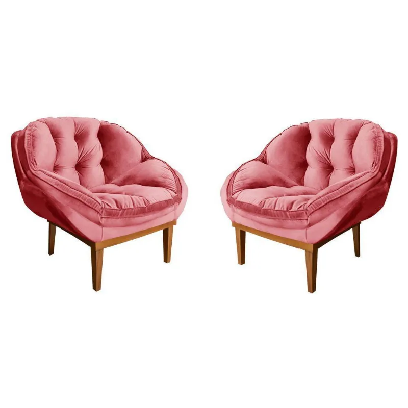 Kit 2 Poltronas Decorativa Veludo Rosa Base Madeira Castanho