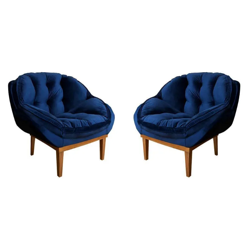 Kit 2 Poltronas Veludo Base Madeira Castanho Azul Marinho