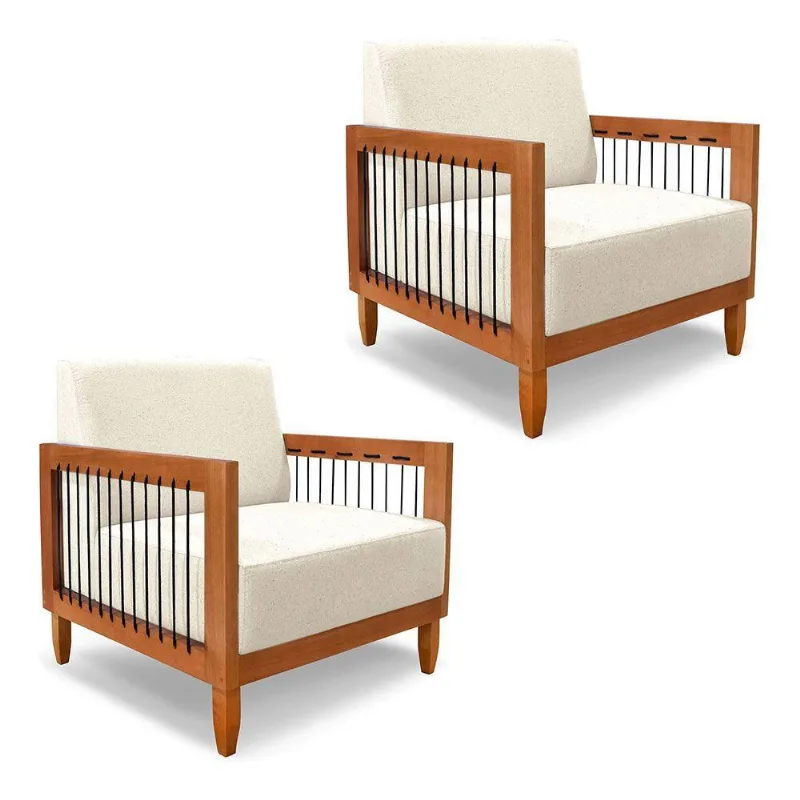 Kit 2 Poltronas Decorativa Marilia Linho Natural Base Em Madeira Castanho - Pallazio