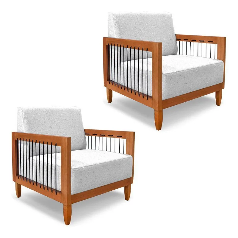 Kit 2 Poltronas Decorativa Marilia Linho Cinza Base Em Madeira Castanho - Pallazio