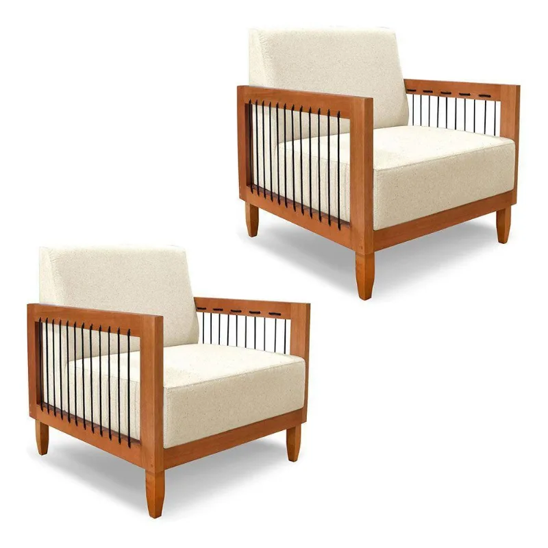 Kit 2 Poltronas Decorativa Marilia Linho Base Em Madeira Castanho - Pallazio Cor Bege