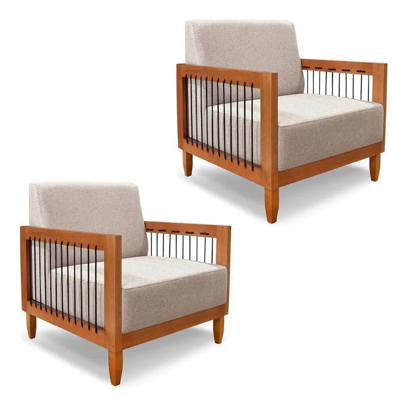 Kit 2 Poltronas Decorativa Marilia Linho Base Em Madeira Castanho - Pallazio Cor Areia