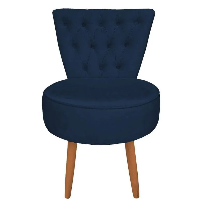 Poltrona Cadeira Decorativa Capitonê Elegância Veludo Azul Marinho Pés Palito Castanho - Pallazio