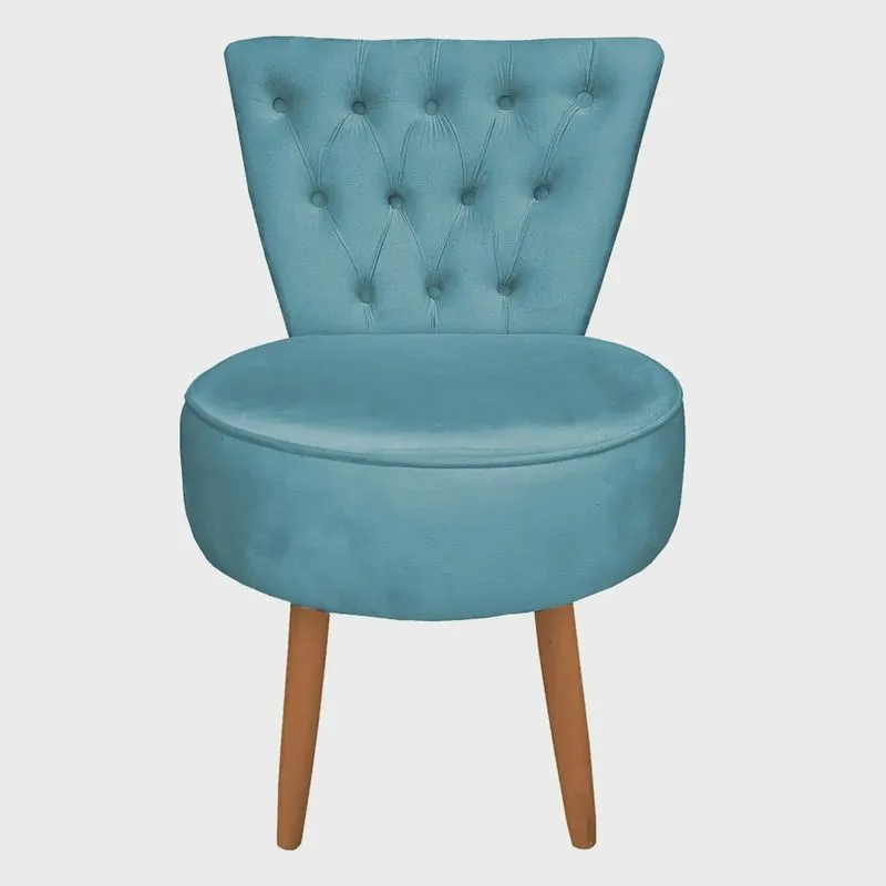 Poltrona Cadeira Decorativa Capitonê Elegância Veludo Azul Turquesa Pés Palito Castanho - Pallazio