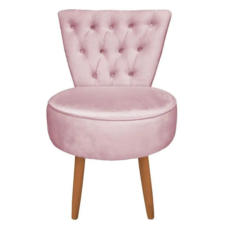 Poltrona Cadeira Decorativa Capitonê Elegância Veludo Rosa Bebê Pés Palito Castanho - Pallazio