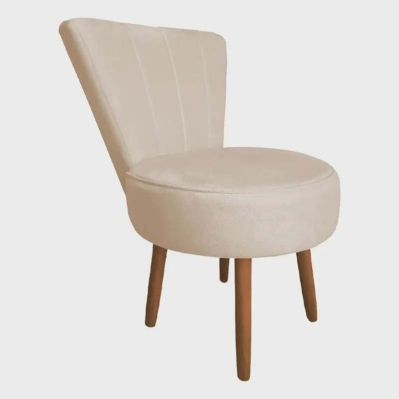 Poltrona Cadeira Decorativa Costurada Elegância Veludo Bege Pés Palito Castanho - Pallazio