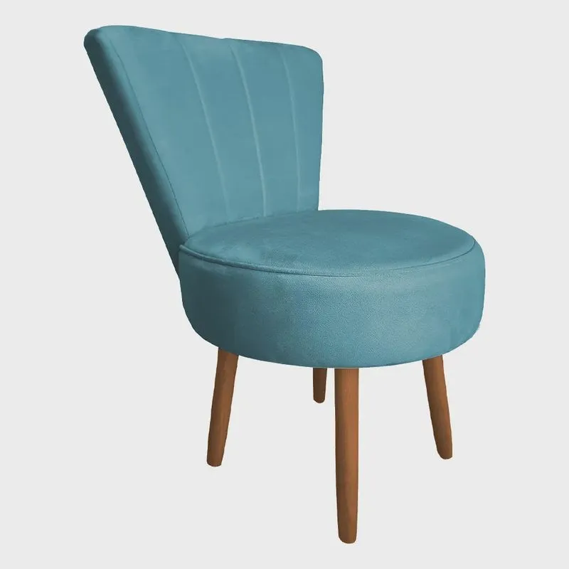 Poltrona Cadeira Decorativa Costurada Elegância Veludo Azul Turquesa Pés Palito Castanho - Pallazio