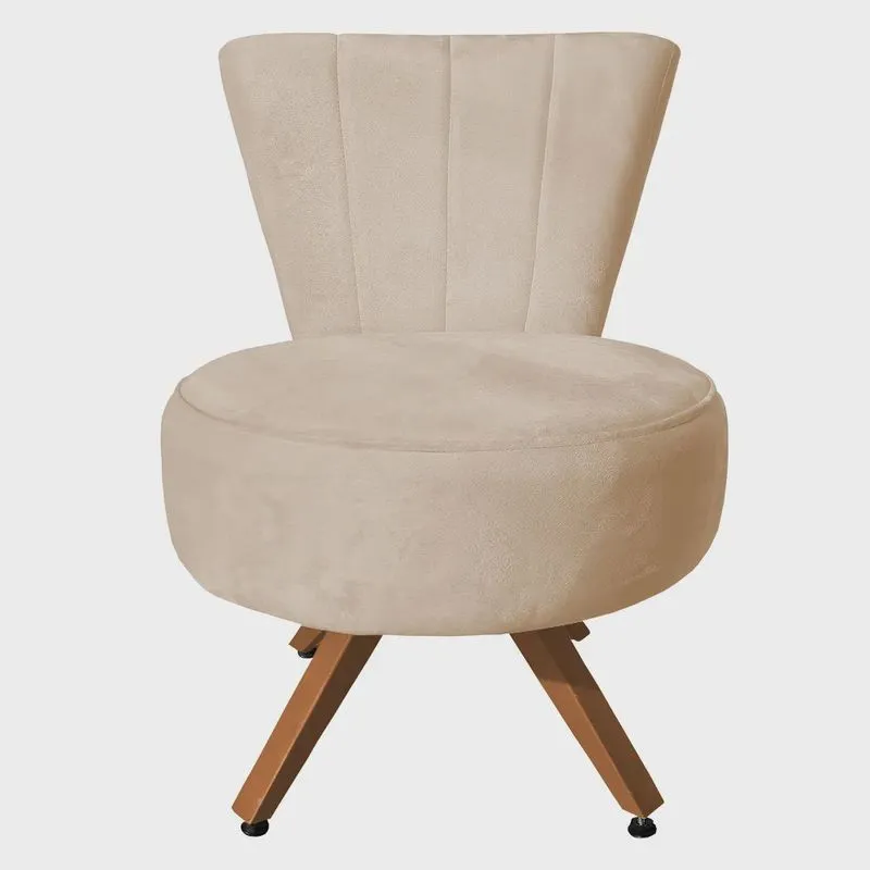 Poltrona Cadeira Decorativa Costurada Elegância Veludo Bege Base Giratória Castanho - Pallazio