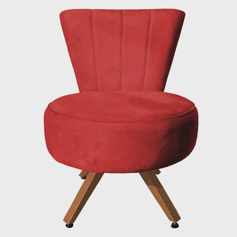 Poltrona Cadeira Decorativa Costurada Elegância Veludo Vermelho Base Giratória Castanho - Pallazio