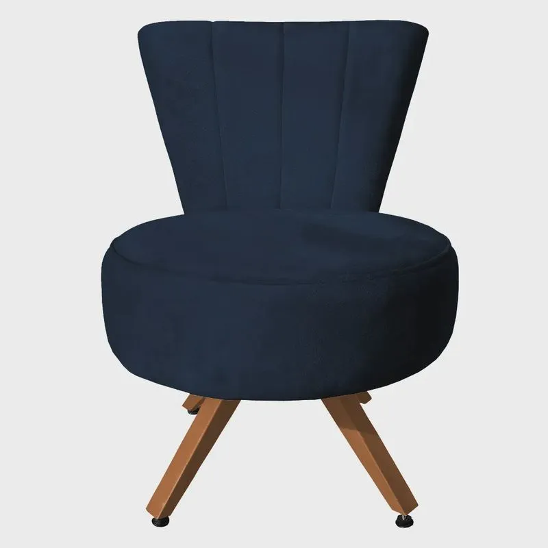 Poltrona Cadeira Decorativa Costurada Elegância Veludo Azul Marinho Base Giratória Castanho - Pallazio