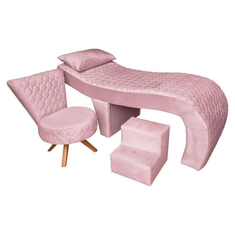 Maca Ergonômica Matelassê 0,60m Isabella Com Mocho Base Madeira E Escada Veludo Pallazio Rosa Bebê