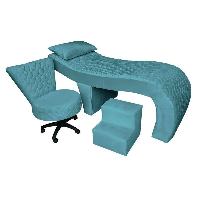Kit Maca Ergonômica Matelassê 0,60m Com Mocho Base Giratória E Escada Veludo Azul Turquesa