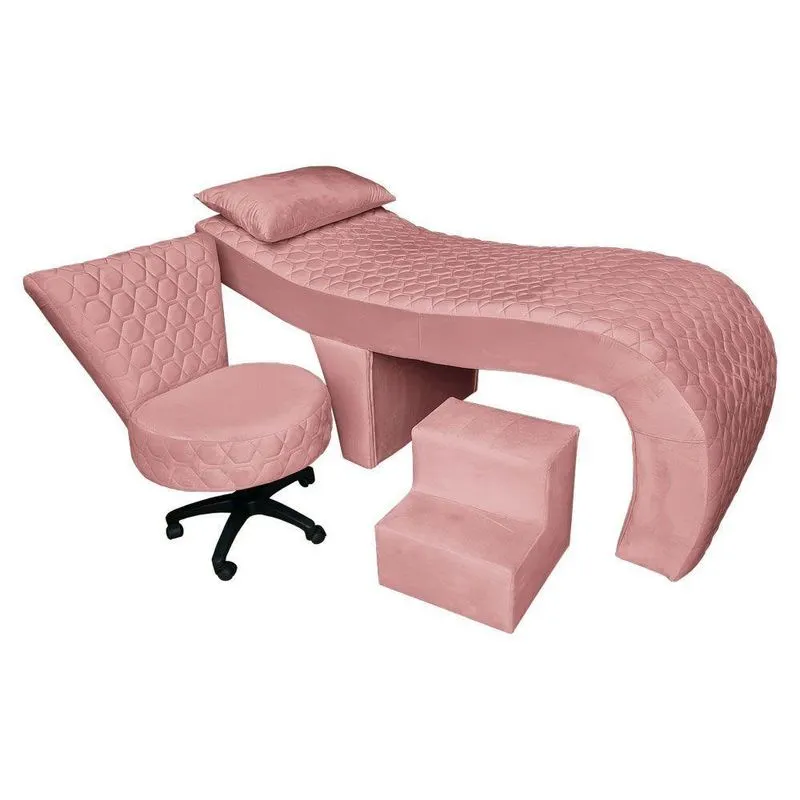 Kit Maca Ergonômica Matelassê 0,60m Com Mocho Base Giratória E Escada Veludo Cor Rosê