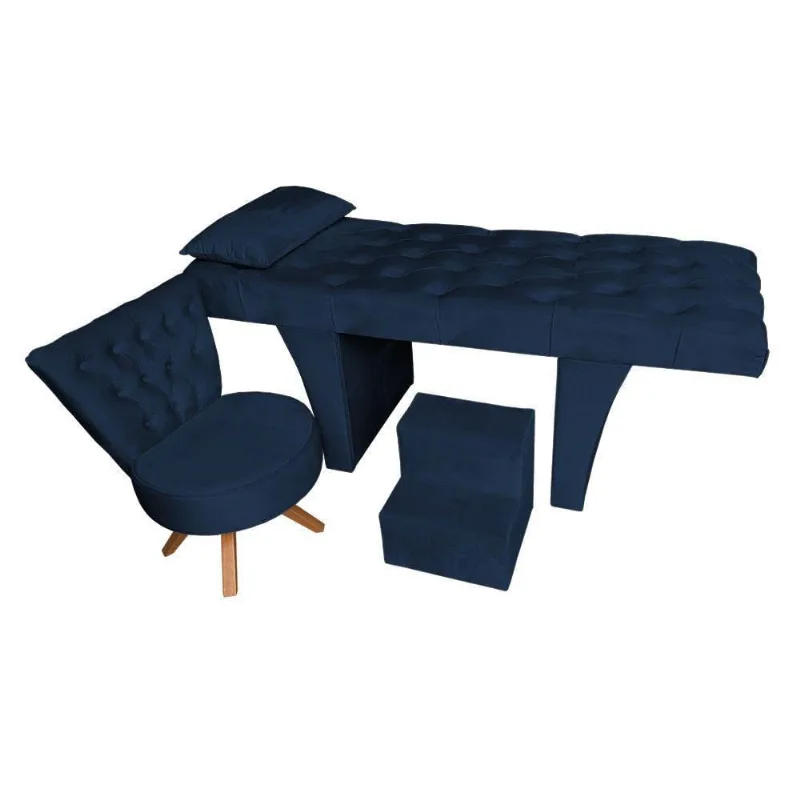 Kit Maca Reta Capitonê 0,60m Sophia Com Mocho Base Madeira E Escada Veludo Azul Marinho - Pallazio